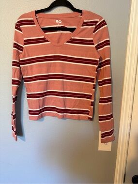 SO Striped V-Neck Long Sleeve Top - Rose, Burgundy & White
